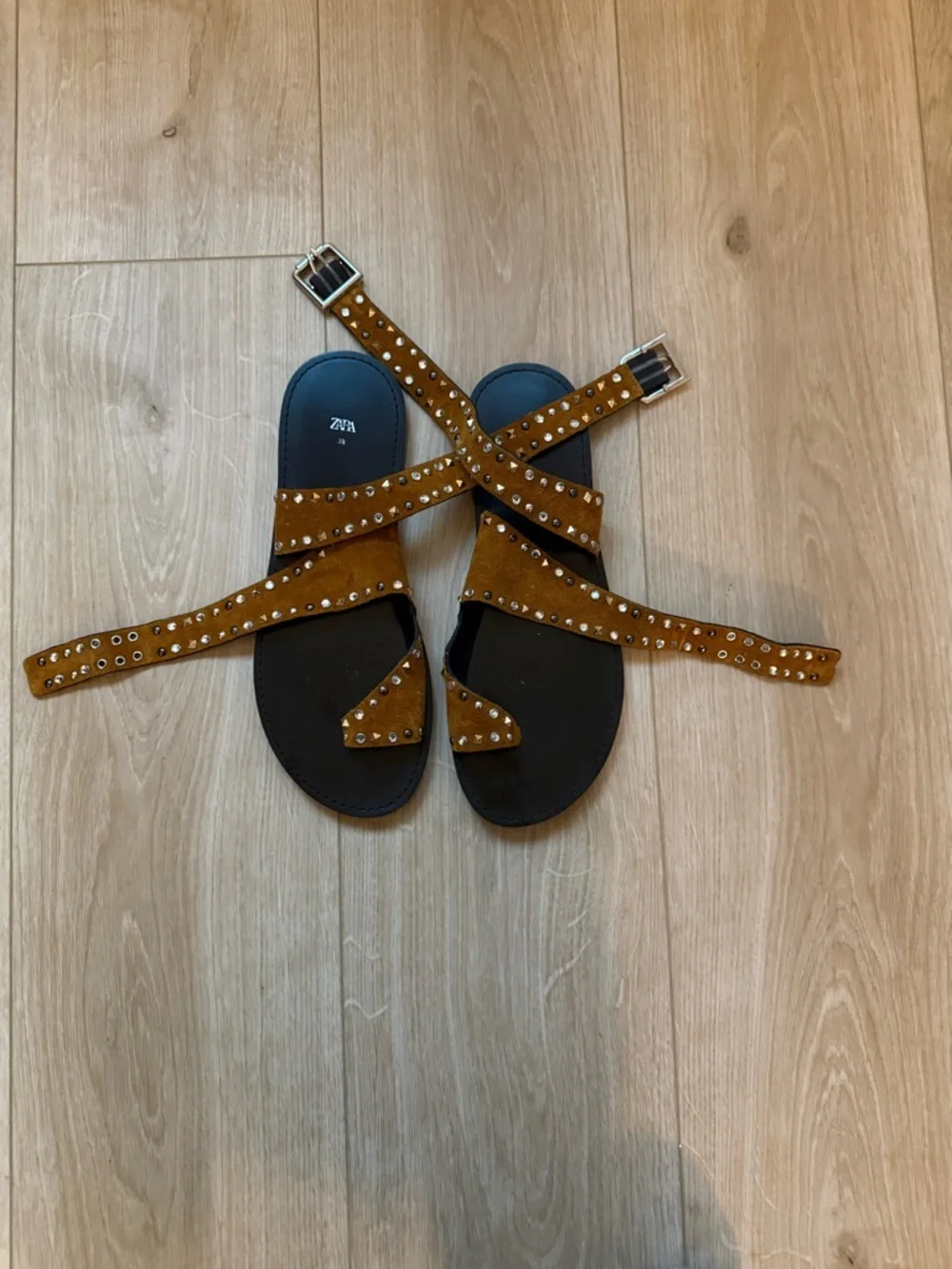 Zara Tan Suede Studded Wrap Sandals - Picture 2 of 2